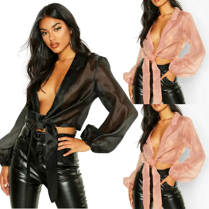 

Women's Turn-down Collar Chiffon Solid Color Tops Autumn Long Sleeve Loose Casual Bandage Blouse OL Short Shirt Puff Sleeves