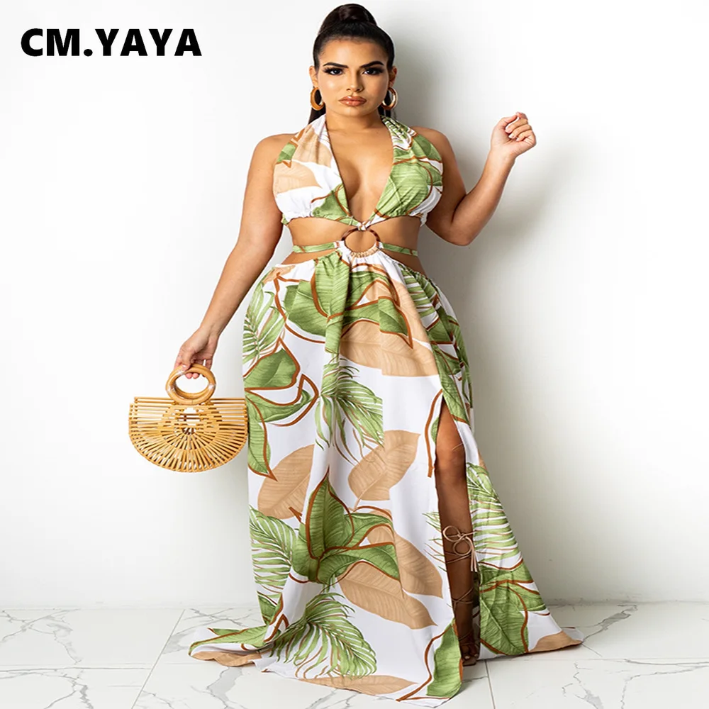 

CM.YAYA Women Long Dress Print Sleeveless Bandage Halter Hollow Out Splited A-line Maxi Dresses Fashion Vestidos Summer Outfits