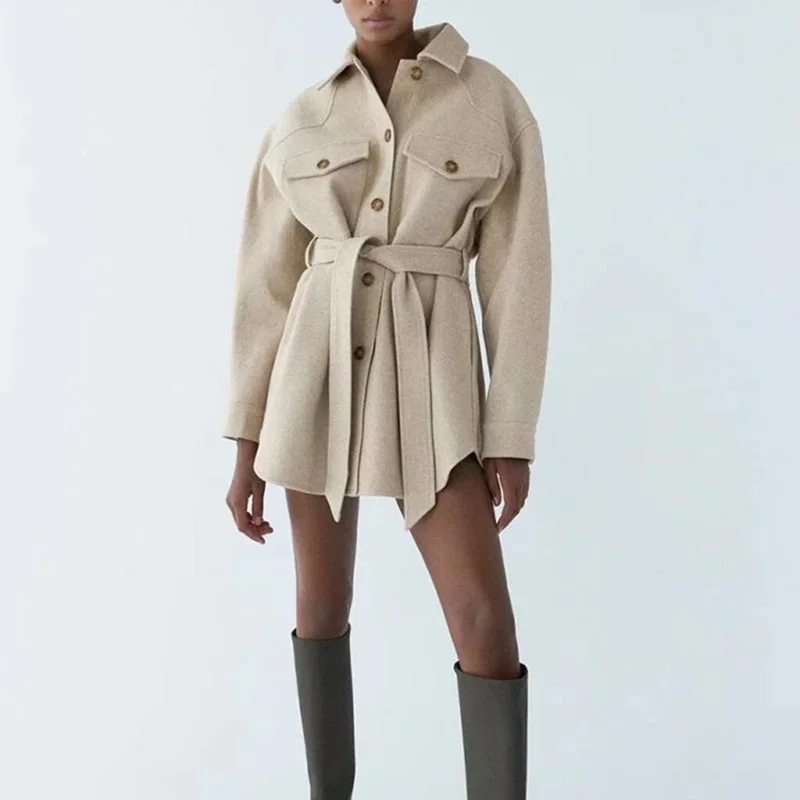 

Khaki Jacket Women Crop Adjustable Waist Spliced Single Breasted Turn Down Collar Coats Woman Spring Autumn Loose Office Lady