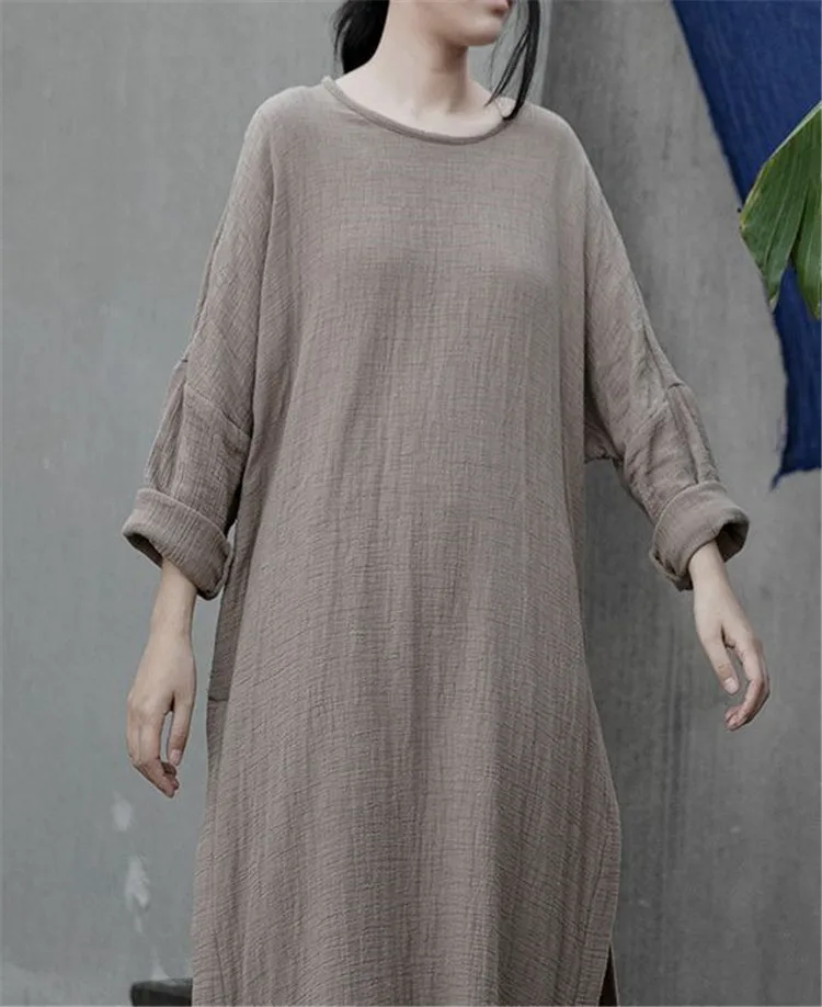 

Original design spring round neck jacquard linen cotton high split long shirt women's straight loose Khaki Long Sleeve Dress