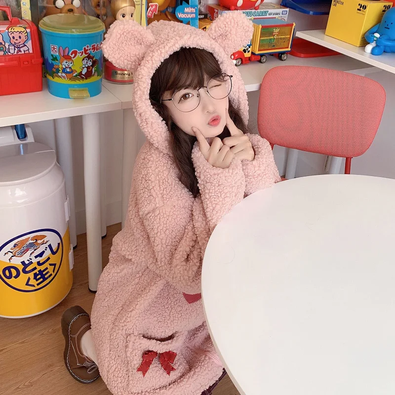 Japanese Winter Sweet Women Coat Soft Girl Kawaii Bear Ear Hooded Cute Horn Button Bow Lambswool Pink Lolita Woolen Outerweat
