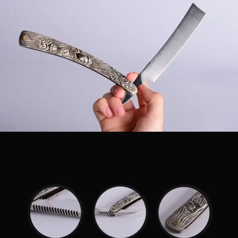 

Vintage Classic Men Straight Edge Shaving Razor Steel Embossed Handle Folding Knife Multifunctional Manual Beard Shaver