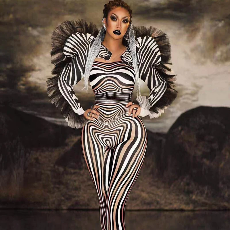 Fashion Zebra Pattern Jumpsuit Women Singer Sexy Stage Outfit Bar DS Dance Cosplay Bodysuit Performance Show Costume | Тематическая