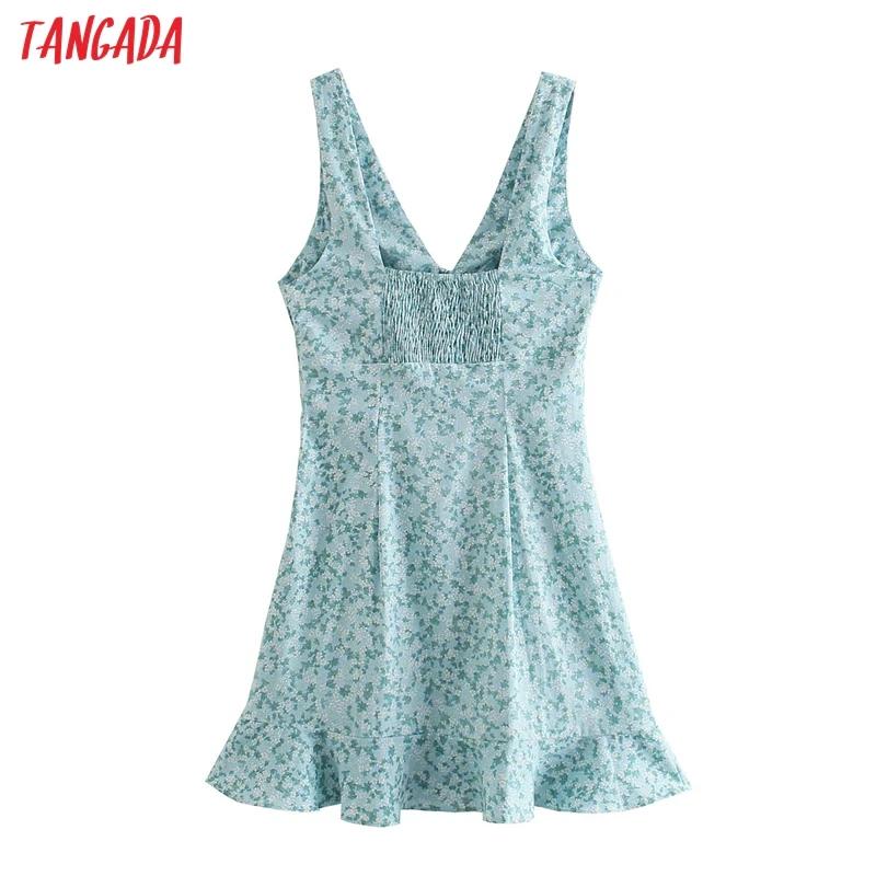

Tangada Fashion Bow Flowers Print Tank Dresses for Women 2021 Female Casual Ruffels Short Dress JE122