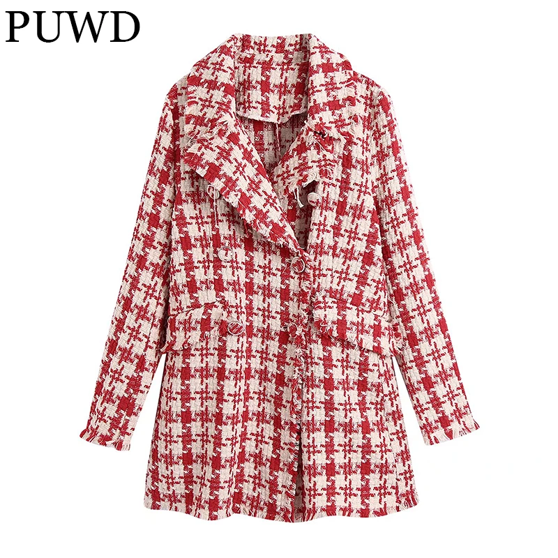 

PUWD Elegant Women Houndstooth Textured Coat Jacket 2021 Autumn Winter Lapel Mid-length Retro Commute Loose Female Chic Outwear