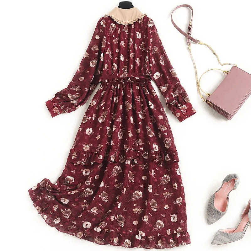 

2021 New Fashion Spring Long Sleeve Floral Chiffon Dress Runway Designer Woman Clothes Vintage Robe Femme Bohemian Party Vestido