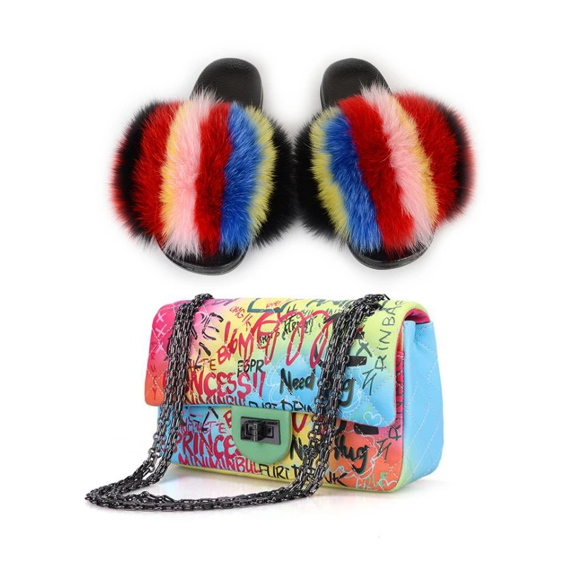 

Women's Real Fox Fur Slippers Rainbow Sandals Cute Flip Flops Female Furry Shoes Jelly Bags Set Ladies Plush Slides Fashion Bag