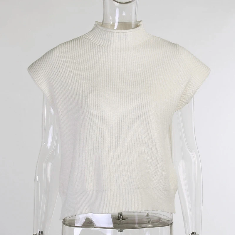 

ONEINALL Casual Solid Knitted Pullovers For Women Turtleneck Sleeveless Loose Black Sweater Female Fashion New Clothing Spring