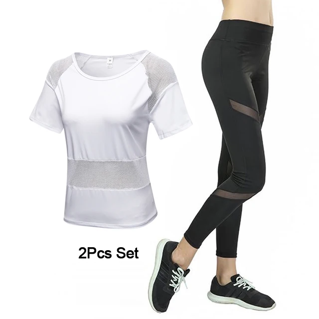 White 2Pcs set Спортивный костюм Женская футболка для йоги+ штаны Фитнес-Йога Комплект с сеткой для тренировки спортзала Беговая спортивная одежда пэчворк одежда для бега - Цвет: White 2Pcs set
