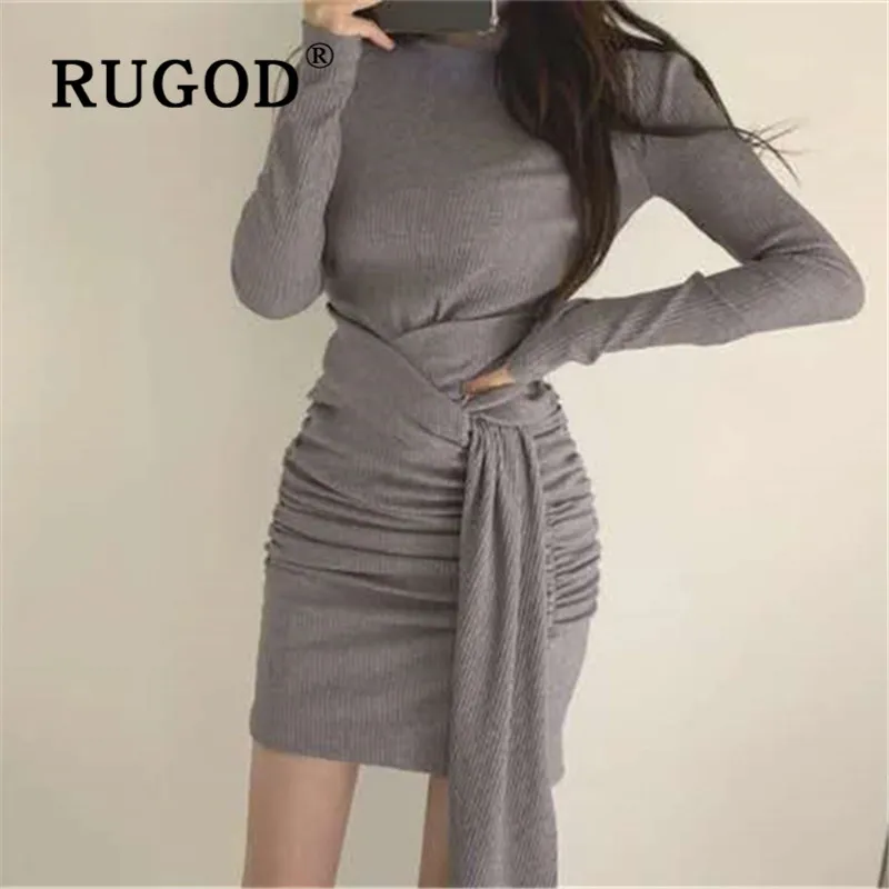 RUGOD Chic Sexy Mini Dress Solid Full Sleeves Top For Women Knitwear Casual Elegant Ladies Dresses Collect Waist Simplee Belt | Женская