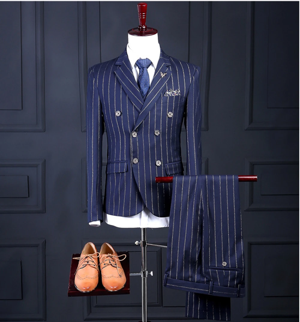 Men's Pinstripe Suit Blue 3 Piece Notched Lapel  V Neck for Wedding Groomsmen Tuxedos Suits Men 2019