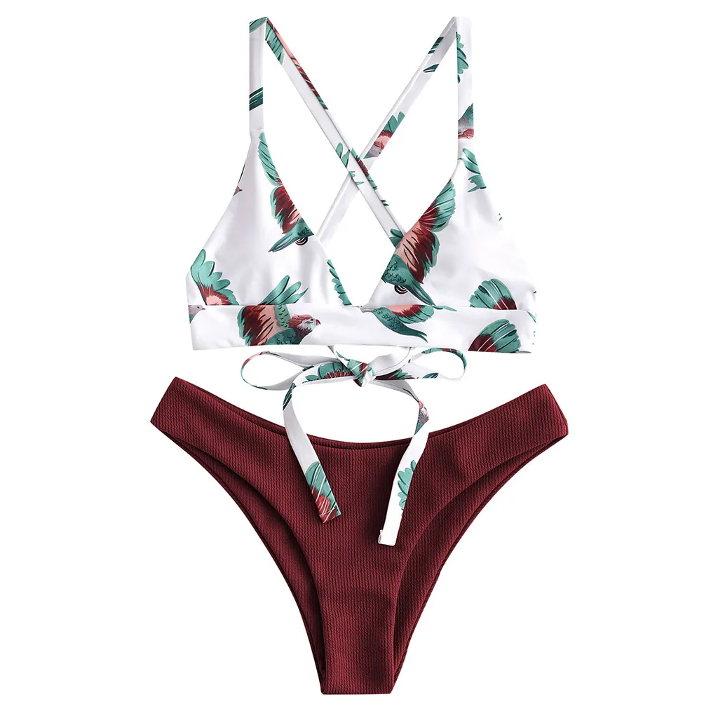 Женский комплект бикини с принтом бандажный купальник открытой спиной и пуш-апом