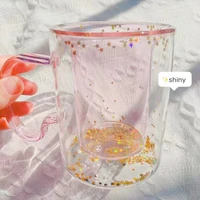 korean ins girl heart kawaii mugs bubble star sky star sequin double wall glass coffee cup handle heat resistant milk cup