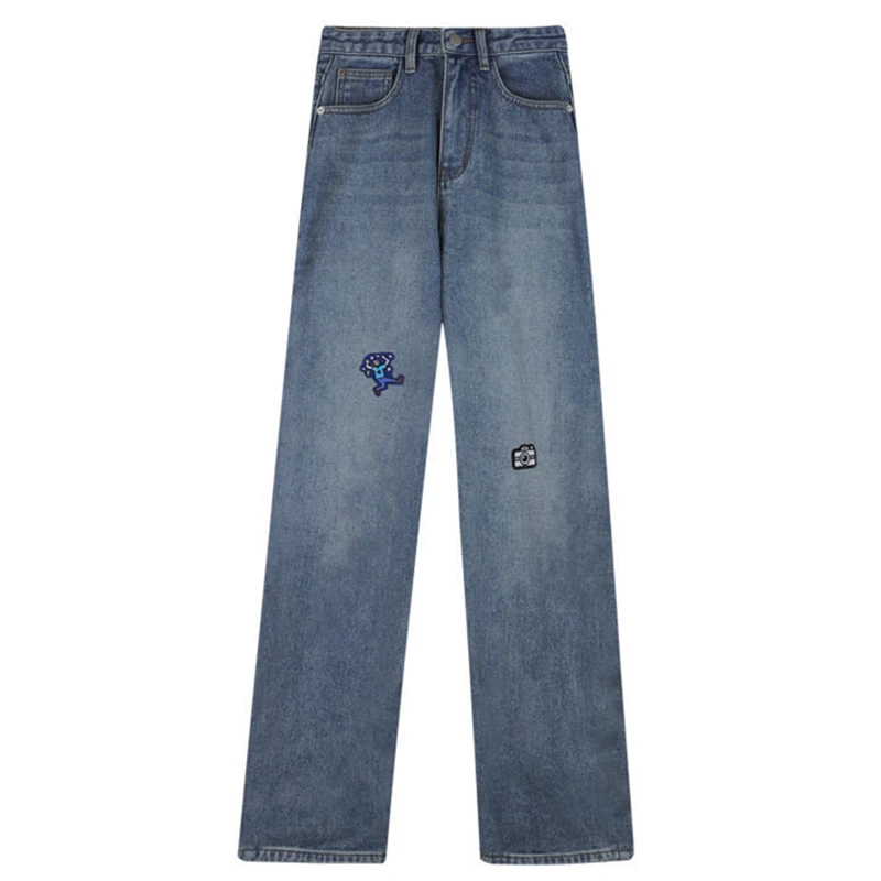 

Jeans for Women Spring and Autumn 2021 New Korean Style Embroidered High Waist Loose Straight Chic Slim-Fit Wide-Leg Pants