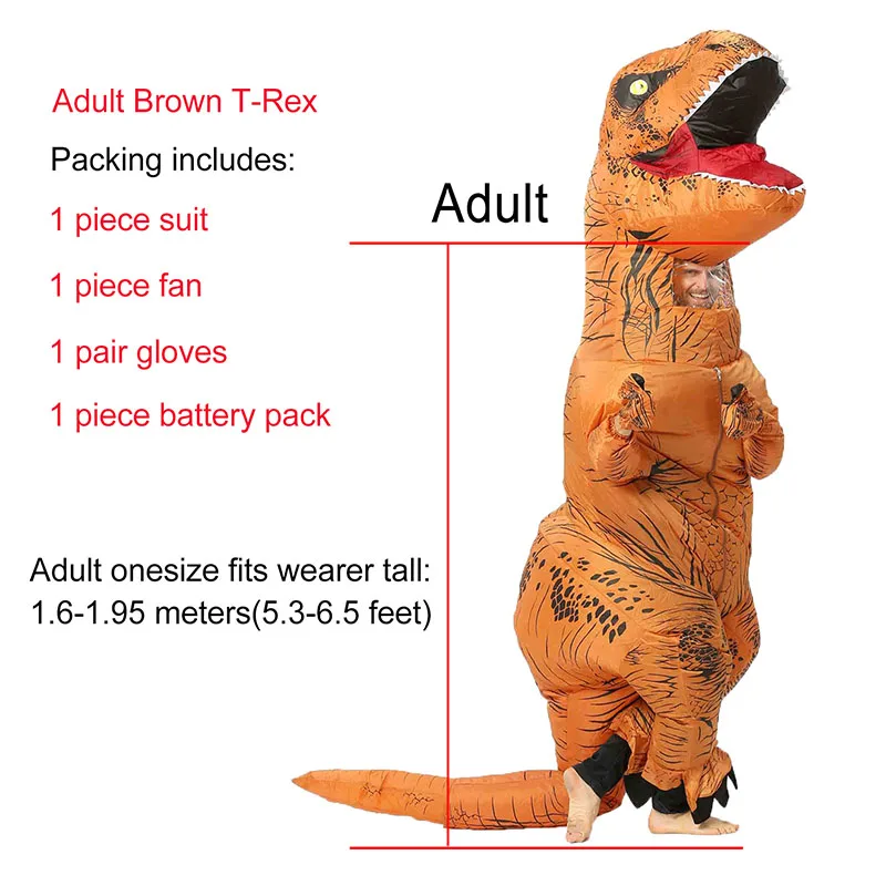 Adult Brown T-rex JYZCOS взрослый T REX надувной костюм динозавра Хэллоуин партии Косплей Костюм для женщин мужчин детей Карнавальный костюм - Цвет: Adult Brown T-rex