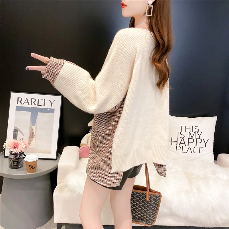 

2020 Winter Base Shirt Fashion Lady Knitting Lazy Style Plaid Patched Irregular Type Autumn Tops Indoor Women Sweater