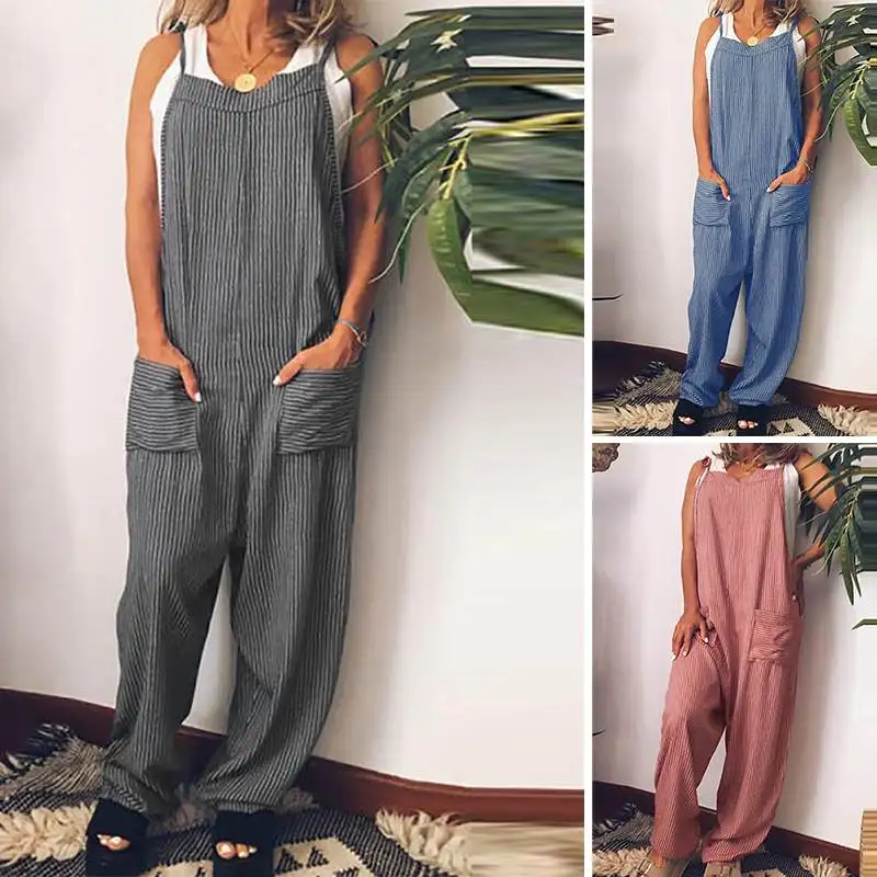 

Women Strip Jumpsuits Sleeveless ZANZEA Summer Playuits Tunic Office Loose Casual Pockets Overalls Cotton Female Rompers