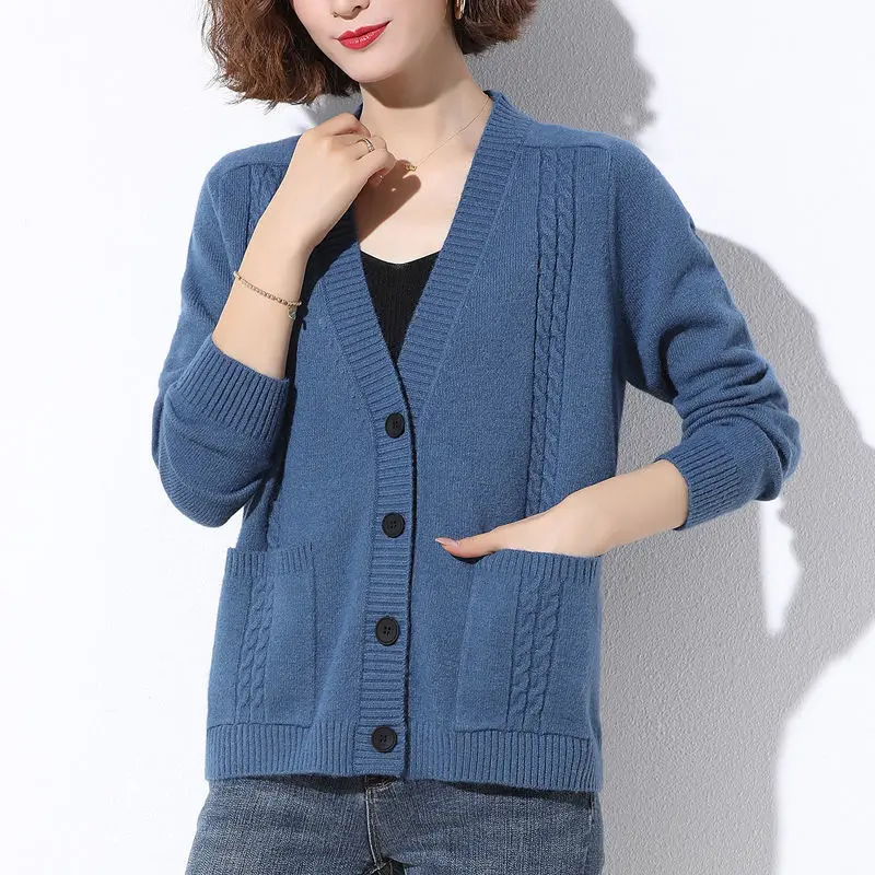 

Женский вязаный кардиган на пуговицах, повседневный однотонный кардиган свободного покроя с длинным рукавом и V-образным вырезом, T24, Осень-...