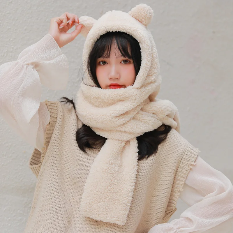 

Johnature 2021 Winter New Korean Bear Cute Warm Lambwool Hat Scarf Earflaps 7 Colors All Match Women Scarf