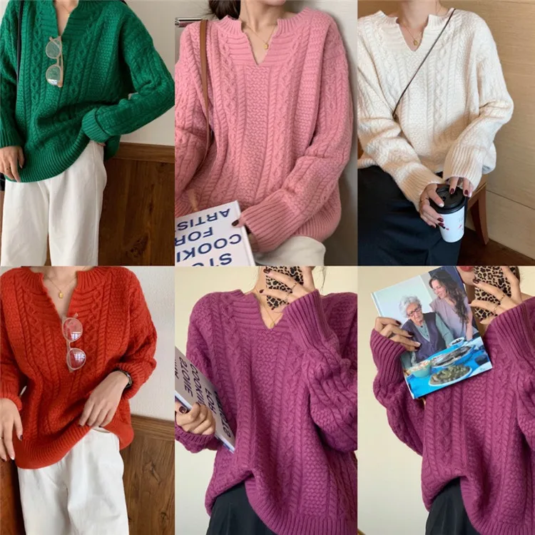 

Korean Twisted Knitted V-neck Women Sweaters Pullovers 2020 Autumn Winter Long Sleeve Casual Fashion Loose Jumpers Sweaters