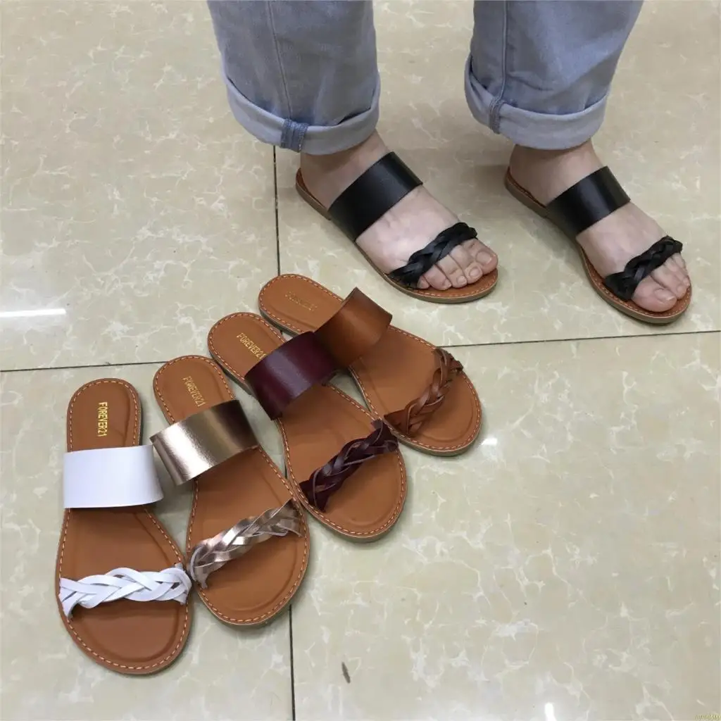 Factory direct women's leather solid color two-layer flat bottom beach seaside holiday fashion slippers | Обувь