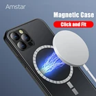 Магнитный чехол Amstar для телефона с беспроводной зарядкой для iPhone 13 12 11 Pro Max 13 Mini, задняя крышка из закаленного стекла с магнитным зарядным устройством