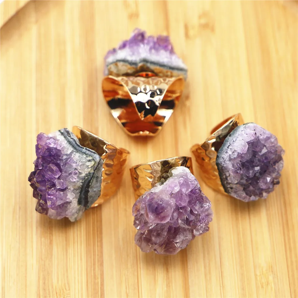 

Rings for Women Natural Amethysts Druzy Irregularly Shaped Gemstones Rings Fashion Men Women Adjustable Gold Plated Rings
