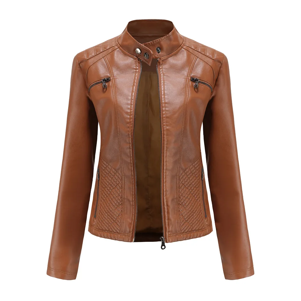 Spring New Casual Women Leather Jacket Stand Collar Slim Fit Short PU Leather Coat Solid Classic Female Outerwear enlarge