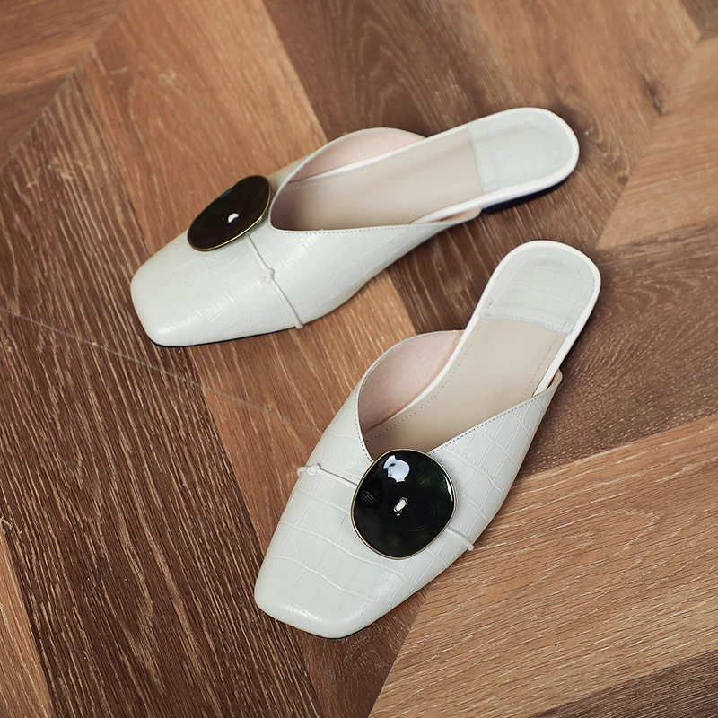

2021 New Women Summer Square toe low Heels Pumps Genuine Leather Shoes Woman Sandals metal decoration Ladies Slippers