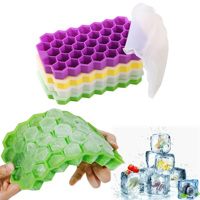 

Honeycomb Silicone Ice Cube Tray Mold With Lid BPA Free 37Grids DIY Stackable Hexagon Ice Maker Cube For Fruit Juice Drink Decor