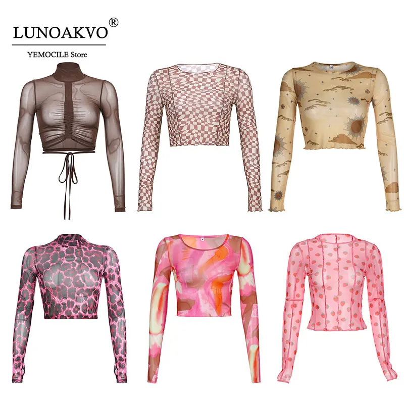 

Футболка женская сетчатая, прозрачная, с длинным рукавом и принтом, в стиле 90-х, приталенная, 2021