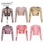 Футболка женская сетчатая, прозрачная, с длинным рукавом и принтом, в стиле 90-х, приталенная, 2021