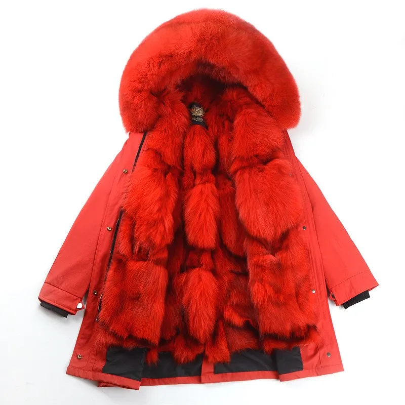 red normal length Теплые парки с натуральным мехом, женские зимние длинные меховые парки с лисьим мехом, съемная подкладка пальто из настоящего меха с меховым воротником, пальто с капюшоном, F01 - Цвет: red normal length