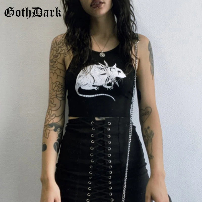Goth Dark Mall Gothic Grunge Aesthetic Women Tank Tops Punk Bodycon Sexy Ribbed Cropped Printed Streetwear Emo Alt Clothes | Женская