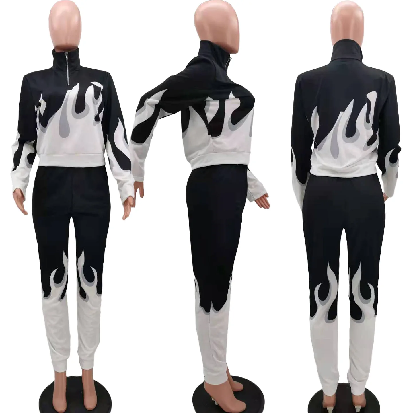 

Flame Print Zipper Long Sleeve Up Sweatshirt + Legging Tracksuit Autumn Women Two Piece Set Pants New Sports Tracksuits
