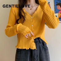 wooden ears knitted cardigan women long sleeve v neck sweater solid single breasted blouse korean fashion top elegant street