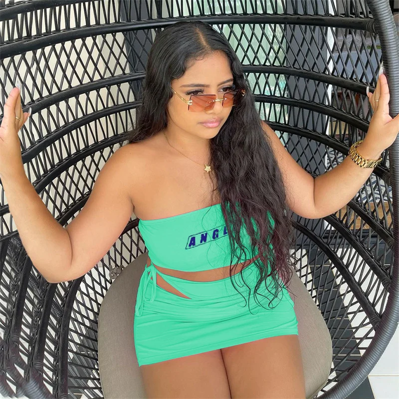 

RStylish 2021 Summer Women Letter Print Strapless Bikini Shinny Crop Top Drawstring Panties Mini Skirt Sexy Cute 3 Piece Set