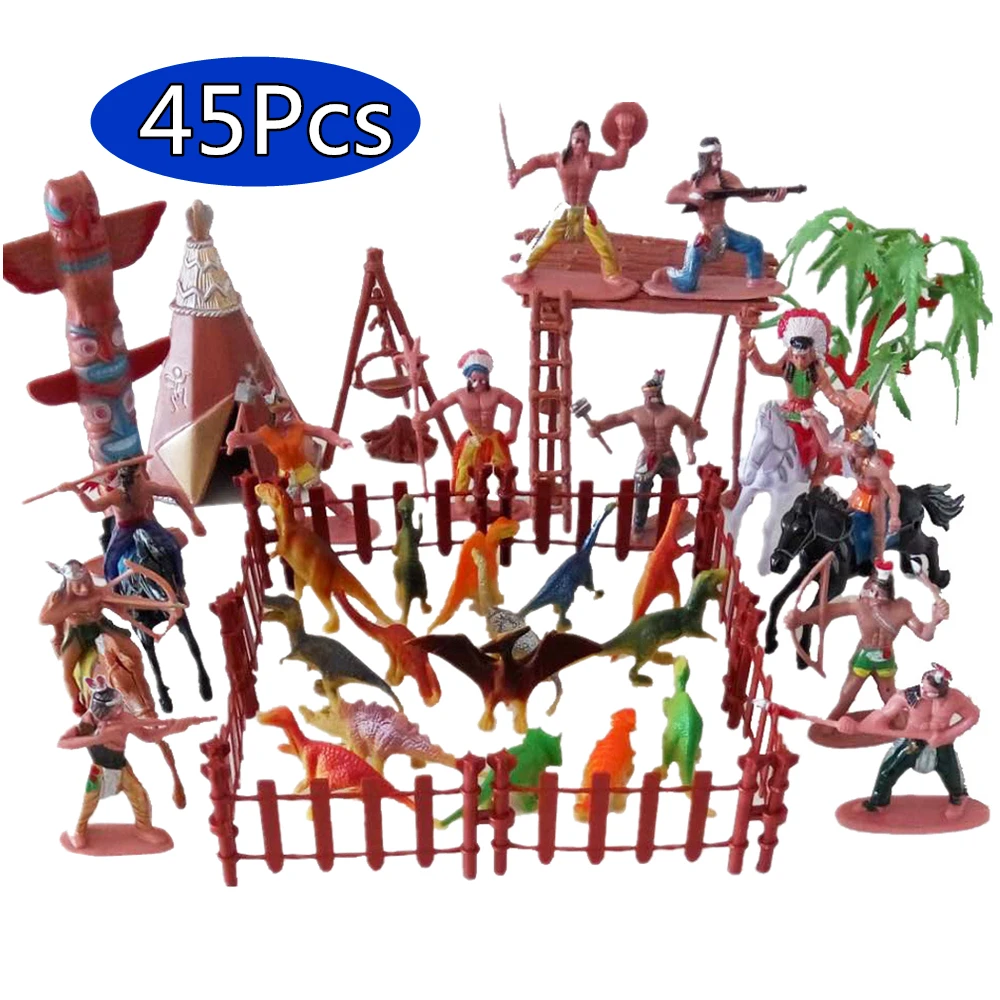 Dinosaurios indios de plástico, 45 piezas, modelo, figuras, juguete, tienda de campaña, tótem, juego en miniatura, regalo para niños, soldado