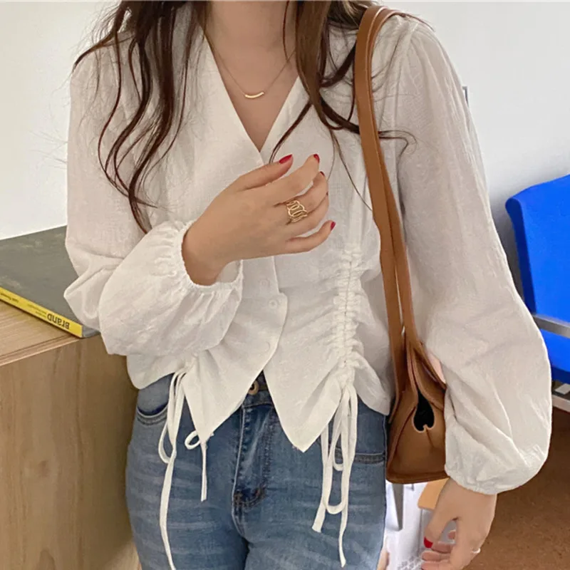 

Temperament drawstring V-Neck long sleeve shirt women's 2021 new shirt loose and thin early autumn top design trendy