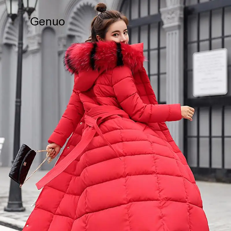 Fashion Winter Jacket Women Big Fur Belt Hooded Thick Down Parkas X-Long Female Jacket Coat Slim Warm Winter Outwear