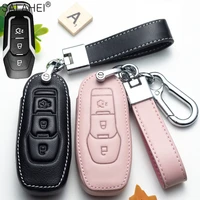leather key cover case for ford fusion mondeo mustang f 150 explorer edge 2015 2016 2017 2018 for car key protection keychain