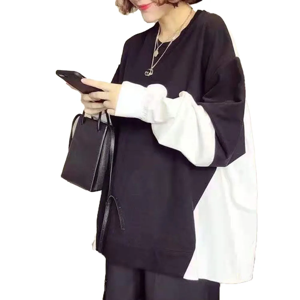 

Korean Fashion Loose Casual Splicing Design Blouse 2021 Autumn New Women's Clothing Round Neck Long Sleeve Fake Two