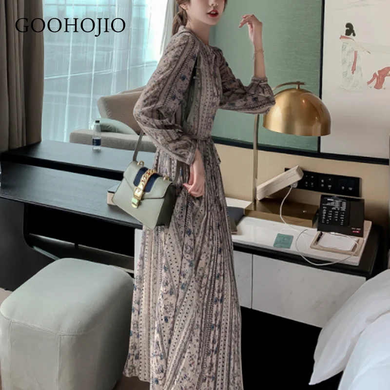 

GOOHOJIO 2021 Spring Autum Chiffon Vintage Dress Women Mid-length V-neck Dress for Women Long Sleeve Temperament Women Dress