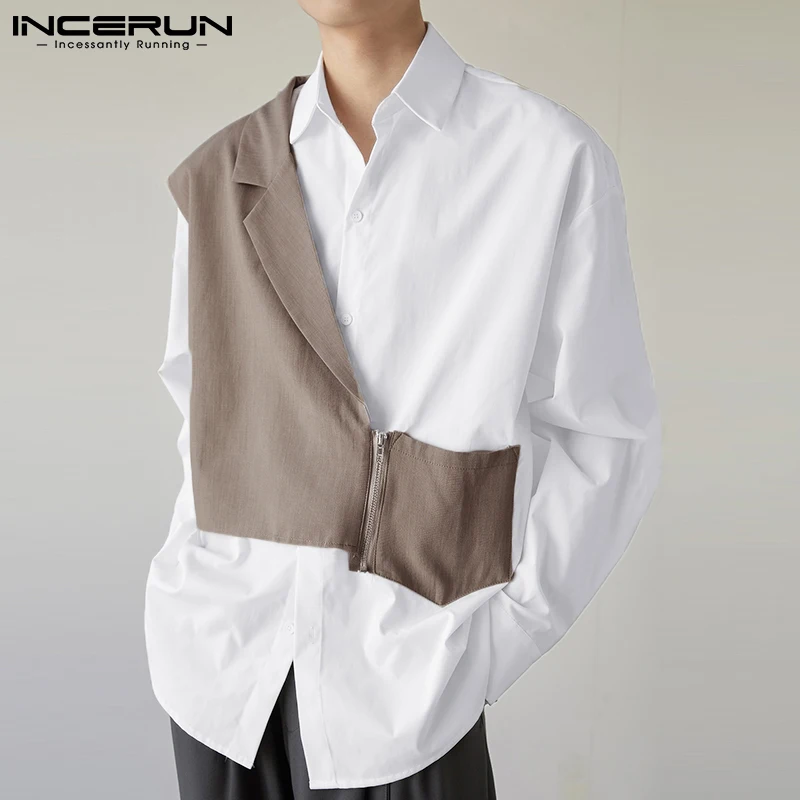 2022 Fashion Men Casual Shirt Lapel Patchwork Long Sleeve Button Zipper Streetwear Fake Two Pieces Tops Camisas S-5XL INCERUN