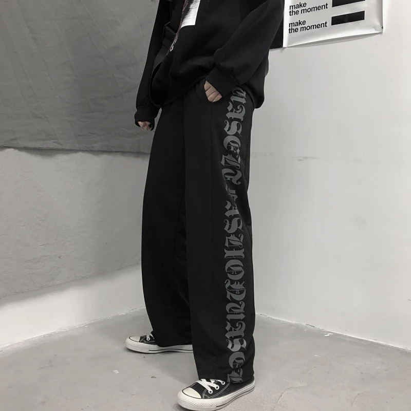 

Korean style Women's Clothing wide leg pants black pockets letter loose drawstring ins sweatpants full length Capris ladies
