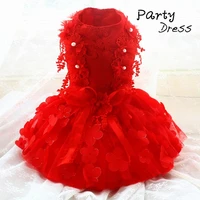 free shipping handmade dog clothes pet gown red wedding dress 3d flowers more layers tulle skirt evening party cat tutu poodle