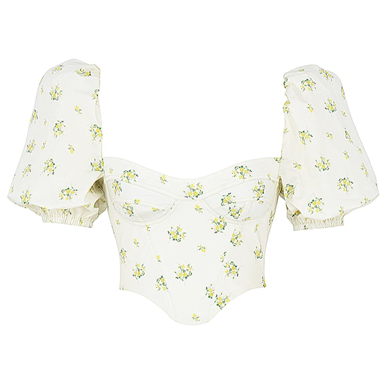 

Vhaferl 2021 Summer White Floral Print Puff Sleeve Crop Top Women Fashion Square Collar Backless Bustier Top Casual Y2k Tops