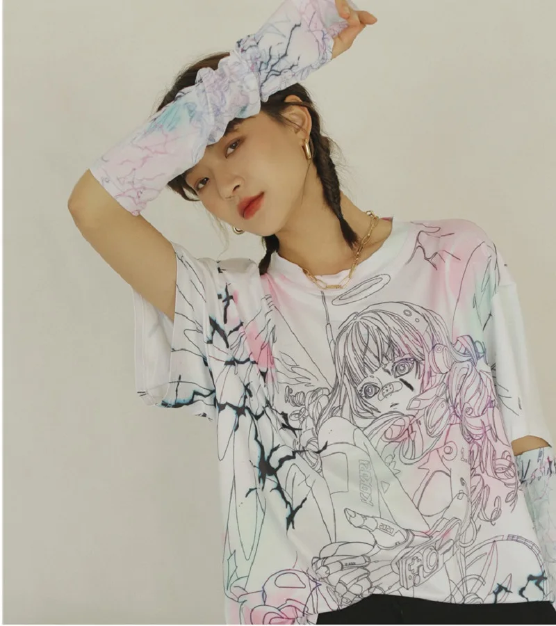 Женская футболка с мультяшным принтом и перчатками круглым вырезом коротким