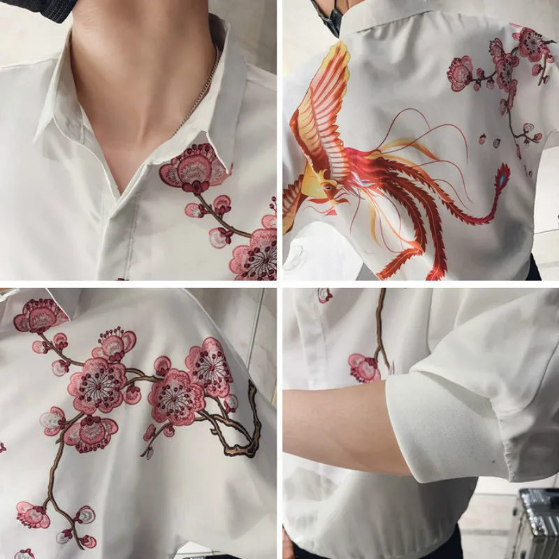 

Flower High Quality Shirts Men Short Sleeve Casual Slim Fit Dress Shirts Chinese Style Streetwear Social Tops Camisa Masculina