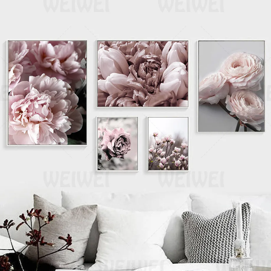Картина розовая роза и Пион для украшения дома Красивый букет цветов настенный